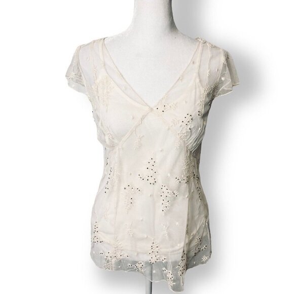Jessica Simpson Tops - NWOT Jessica Simpson XS Cream Lace Beaded V Neck Sheer Blouse Sheer w/Camisole